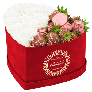 Velvet Heart Box with 10 Roses & Fruit Life Belgian Chocolate Covered Strawberries