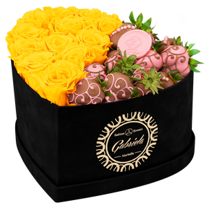 Velvet Heart Box with 10 Roses & Fruit Life Belgian Chocolate Covered Strawberries