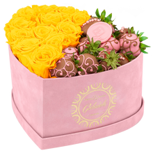 Velvet Heart Box with 10 Roses & Fruit Life Belgian Chocolate Covered Strawberries