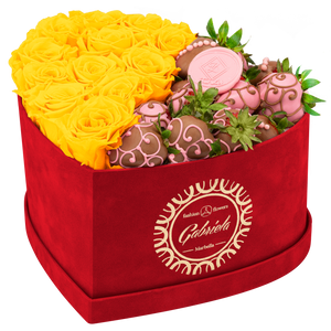 Velvet Heart Box with 10 Roses & Fruit Life Belgian Chocolate Covered Strawberries