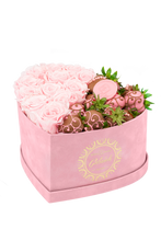 Velvet Heart Box with 10 Roses & Fruit Life Belgian Chocolate Covered Strawberries