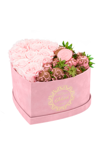 Velvet Heart Box with 10 Roses & Fruit Life Belgian Chocolate Covered Strawberries