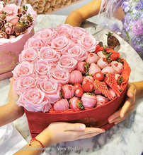 Velvet Heart Box with 15 Roses & Fruit Life Belgian Chocolate Covered Strawberries
