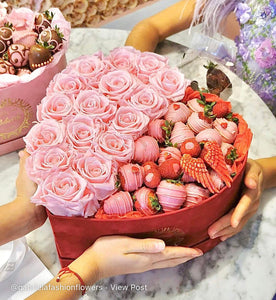 Velvet Heart Box with 15 Roses & Fruit Life Belgian Chocolate Covered Strawberries